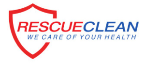 Logo RescueClean mit Schriftzug "We care of your health"