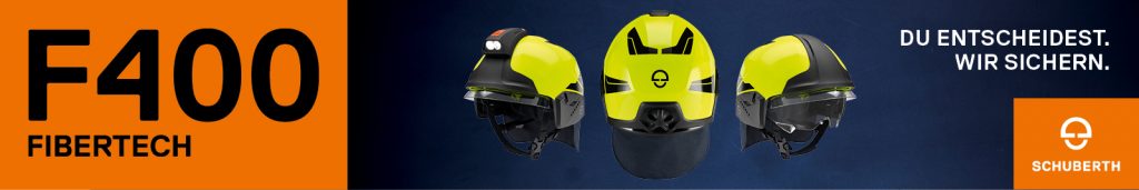 Banner vom Schuberth F400 Fibertech mit Fotos des Feuerwehrhelms aus verschiedenen Ansichten mit Slogan "Du entscheidest. Wir sichern." und Schuberth Logo